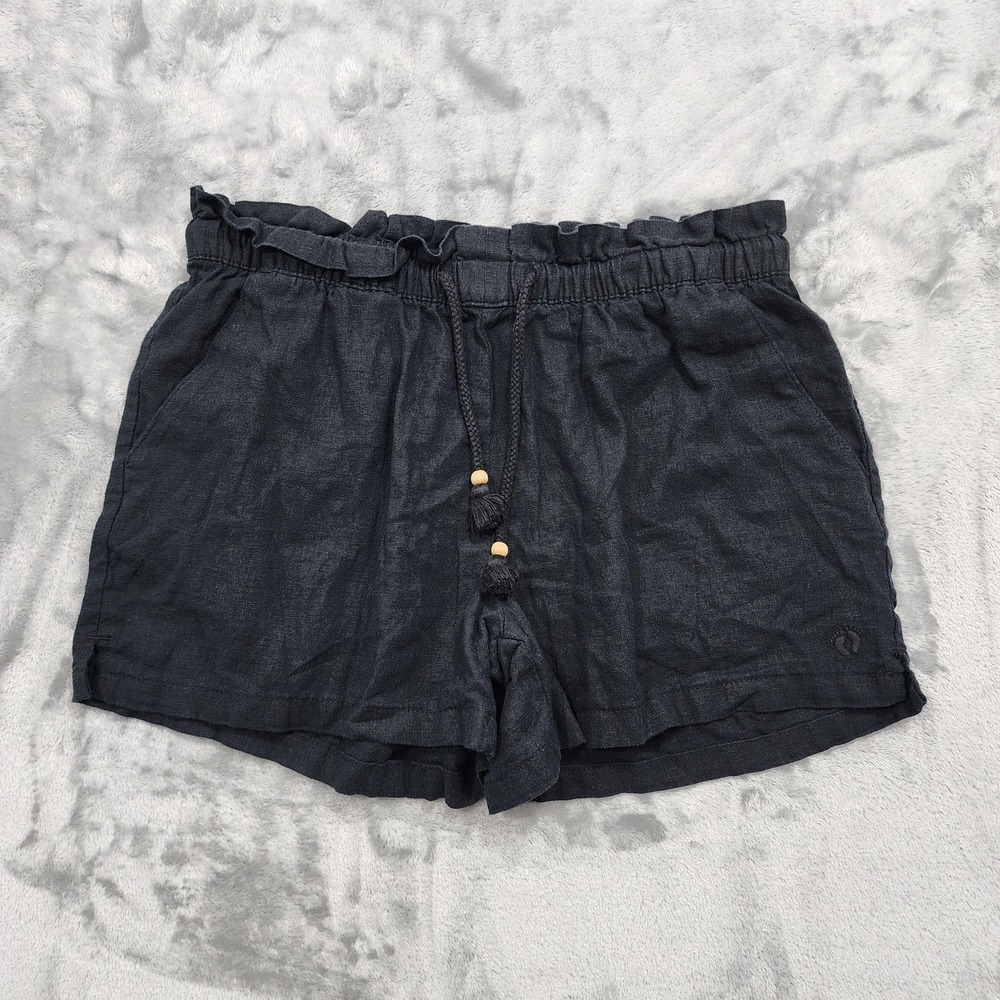 Hang Ten Shorts Womens S Black Linen Blend Paperbag Drawstring Tassels Beach